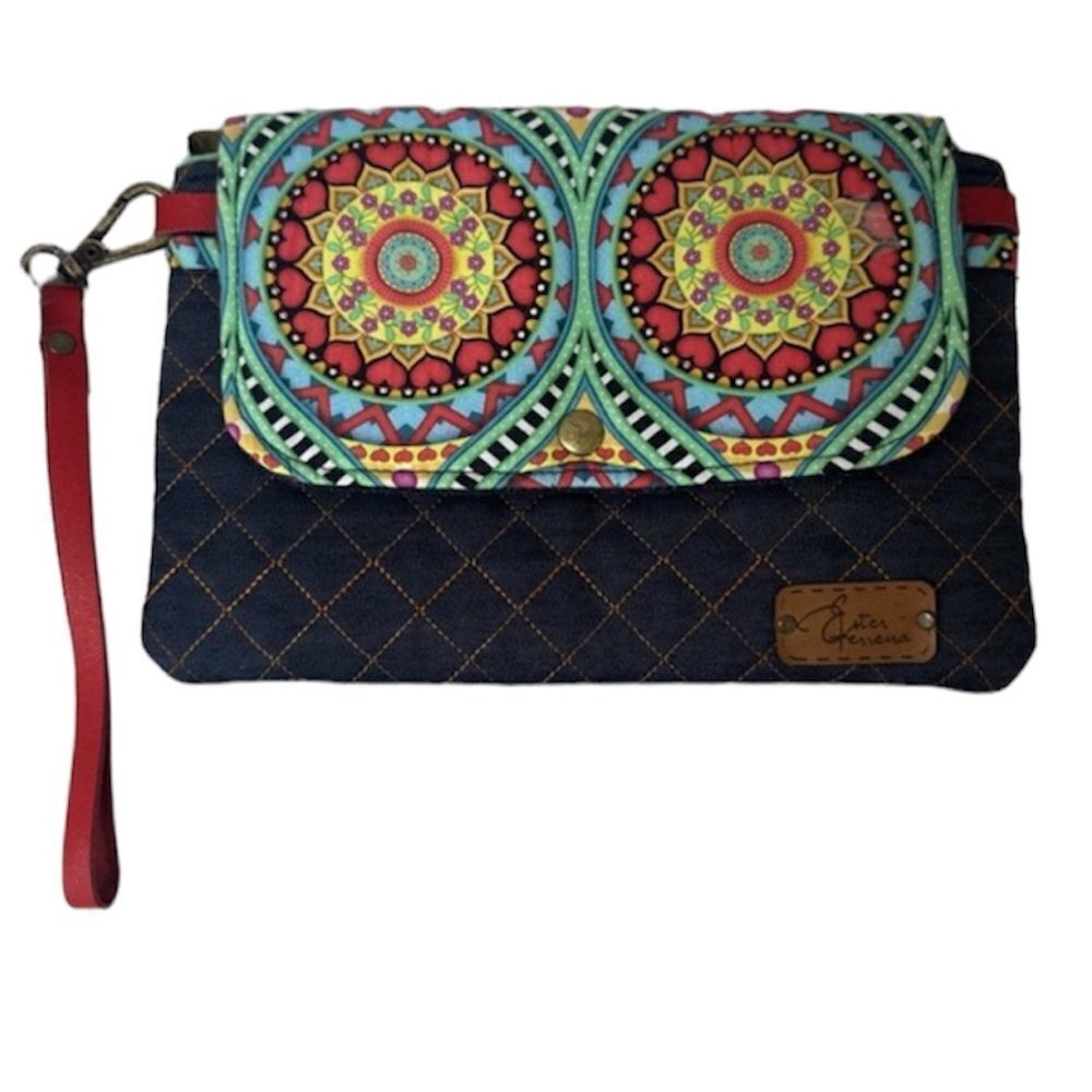 NEW Ester Ferreira Boho Tribal Jean Colorful Quilted Clutch Wristlet Make Up Bag